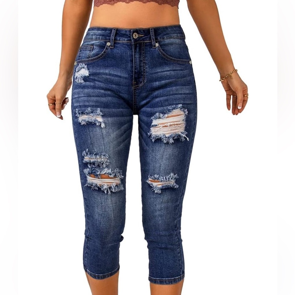 Vetinee Women’s Slim Fit High Waisted Denim Capri Jeans Medium